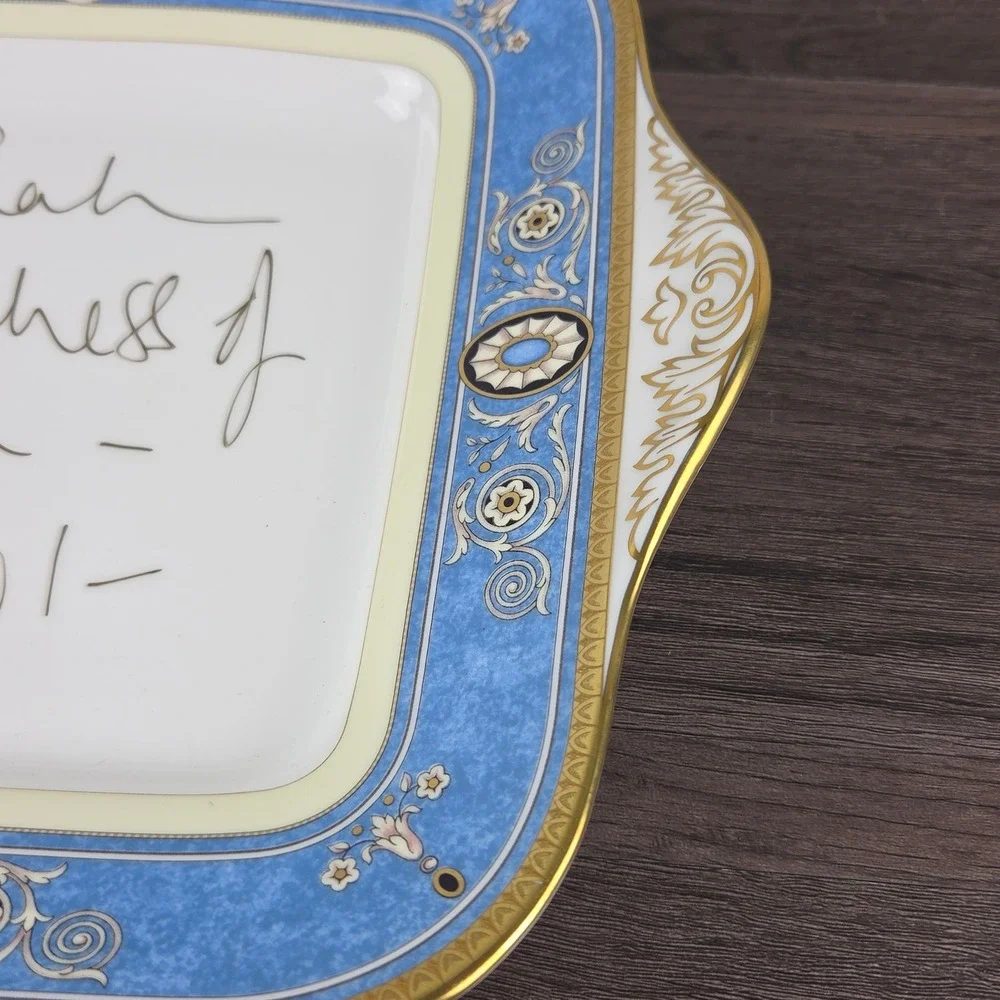 Wedgwood Madeleine Square Cake Plate Sarah Duchess of York Signed 2001 Blue Gold